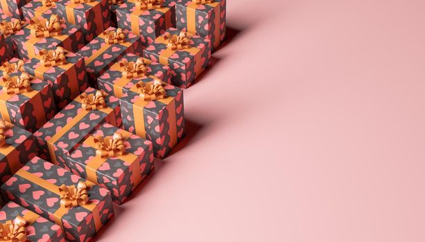 background with many gift boxes with hearts pattern and space for text. 3d rendering