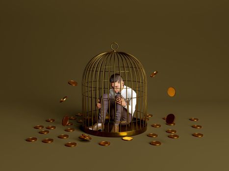 person inside a golden cage with coins falling around. concept of frustration, economy, failure and business. 3d rendering