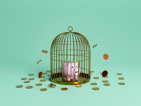 piggy bank trapped in a cage with coins falling out. savings and economy lock concept. 3d rendering
