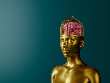 portrait of golden female statue with cage head and brain inside. concept art. 3d rendering