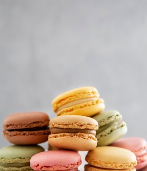 front view pile sweet macarons. High resolution photo