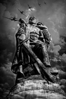 Berlin, Germany - August 14, 2019: The main statue in the Soviet War Memorial in the Treptower Park. Berlin, Germany
