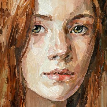 Oil painting. Portrait of a red-haired girl. The art is done in a realistic manner.