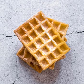 top view stack waffles concrete surface. High resolution photo