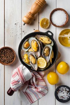 flat lay delicious seafood composition 2. High resolution photo