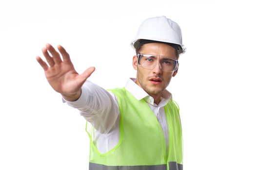 engineer in working uniform protective clothing documents construction. High quality photo