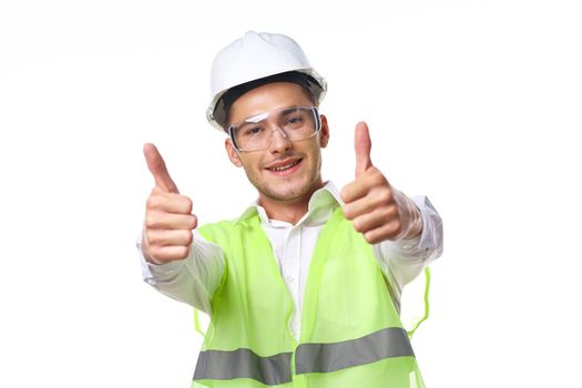 engineer in working uniform protective clothing documents construction. High quality photo