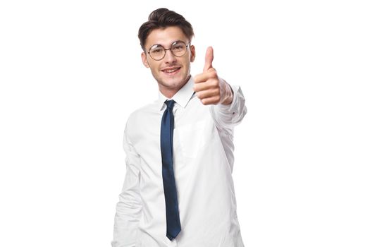manager with glasses gesturing with his hands light background. High quality photo