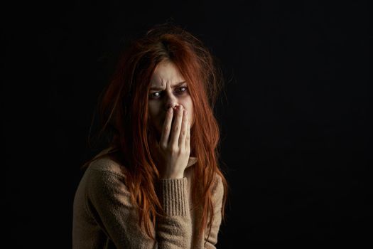 scared woman with bruises under her eyes beating depression abuse. High quality photo