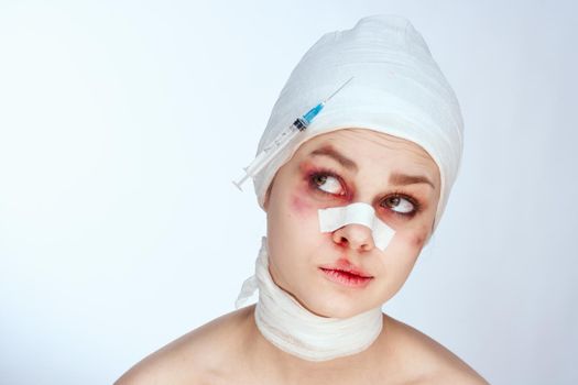 woman bruised face medicine treatment injury isolated background. High quality photo