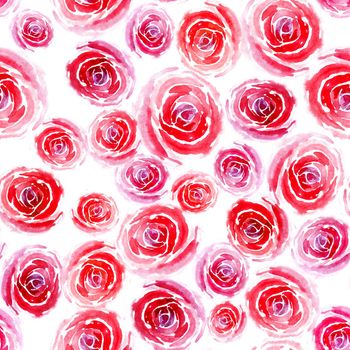 Seamless pattern of pink and red roses of different sizes on a white background. Beautiful flowers. Watercolor illustration for textile design, cover, wallpaper, wrapping paper.