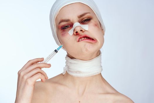 woman woman after surgery syringe in hand injection studio lifestyle. High quality photo