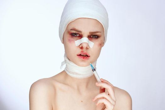 female patient bruised face medicine treatment injury isolated background. High quality photo