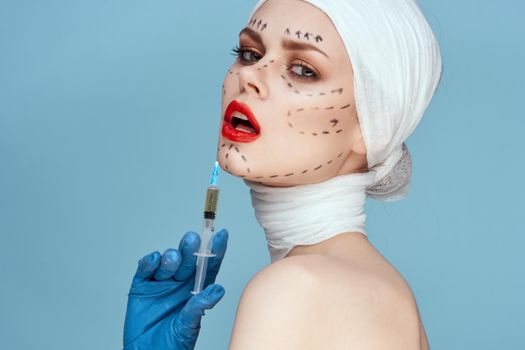 woman Red lips plastic surgery operation bare shoulders studio lifestyle. High quality photo