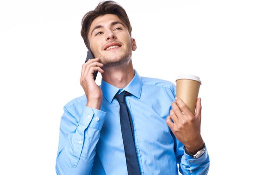 businessmen communication on the phone a cup of coffee isolated background. High quality photo