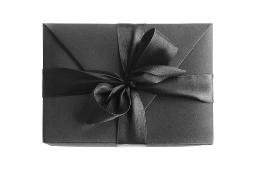 Black friday gift, paper box with silk ribbon bow isolated on white background