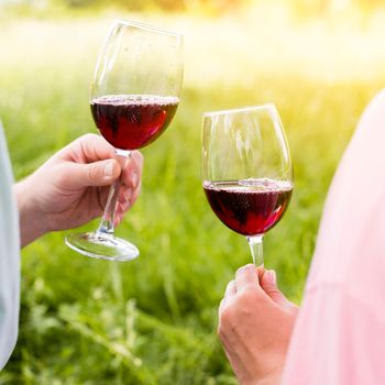 wineglasses with red wine hands couple picnic. High resolution photo