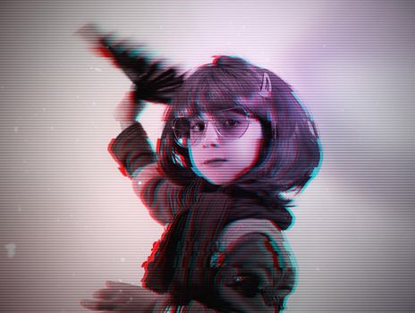 Child with sunglasses and wig posing with for a photo shoot. Glitch effect