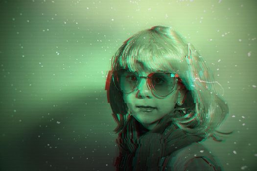 Child with sunglasses and wig posing with for a photo shoot. Glitch effect