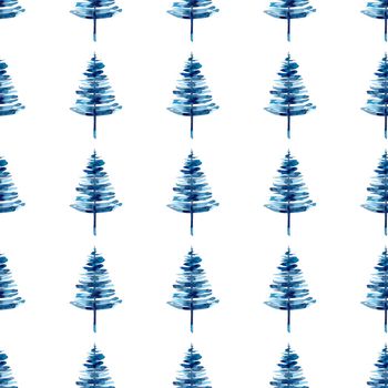 XMAS watercolor Pine Tree Seamless Pattern in Blue Color. Hand Painted fir tree background or wallpaper for Ornament, Wrapping or Christmas Gift.