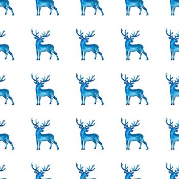 Reindeer XMAS watercolor Deer Stag eamless Pattern in Blue Color. Hand Painted Animal Moose background or wallpaper for Ornament, Wrapping or Christmas Gift.