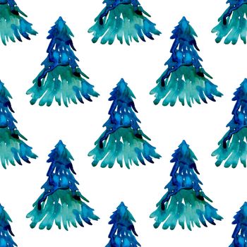 XMAS watercolor Pine Tree Seamless Pattern in Blue Color. Hand Painted fir tree background or wallpaper for Ornament, Wrapping or Christmas Gift.