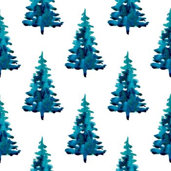 XMAS watercolor Pine Tree Seamless Pattern in Blue Color. Hand Painted fir tree background or wallpaper for Ornament, Wrapping or Christmas Gift.