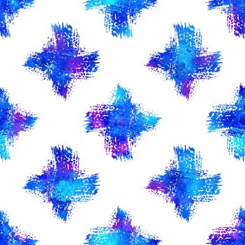 Watercolor Brush Cross Seamless Pattern Grange Geometric Design in Blue Color. Modern Grung Collage Background.