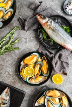 flat lay delicious seafood composition. High resolution photo