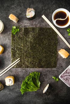 sushi with ingredients vertical frame. High resolution photo