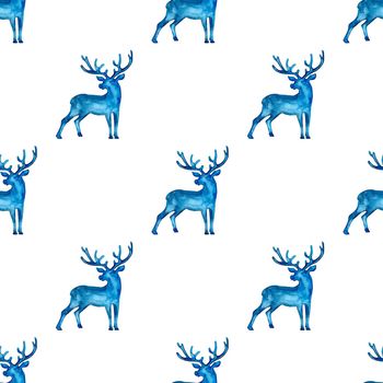 Reindeer XMAS watercolor Deer Stag eamless Pattern in Blue Color. Hand Painted Animal Moose background or wallpaper for Ornament, Wrapping or Christmas Gift.