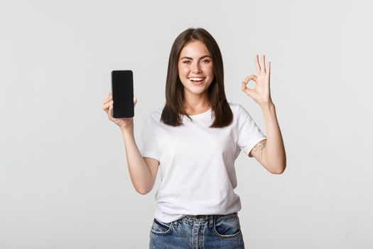 Pleased smiling brunette girl showing smartphone screen and showing okay gesture in approval.