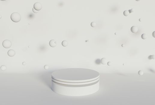 cylindrical product stand with spheres floating around on white background. 3d rendering