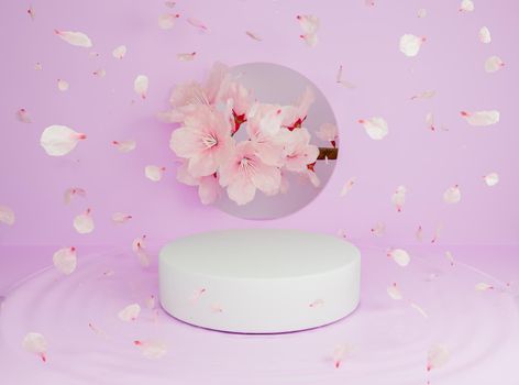 cylindrical product stand with falling flower petals with a branch full of cherry blossoms behind. 3d rendering