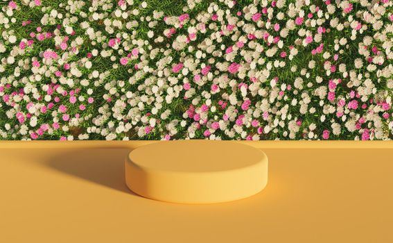 product stand with white and purple flower wall and warm surface. 3d rendering