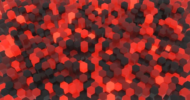 abstract background of black and red hexagons randomly illuminated with different heights. 3d rendering