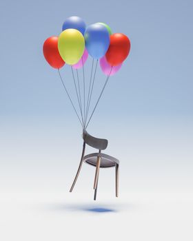 chair suspended in the air with colorful balloons raising it. 3d rendering