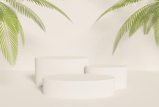 product podium with three white cylinders with palm leaves on the sides. 3d rendering