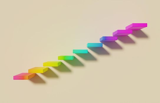 floating stairs with rainbow hsl color on yellow background with soft shadow. 3d rendering