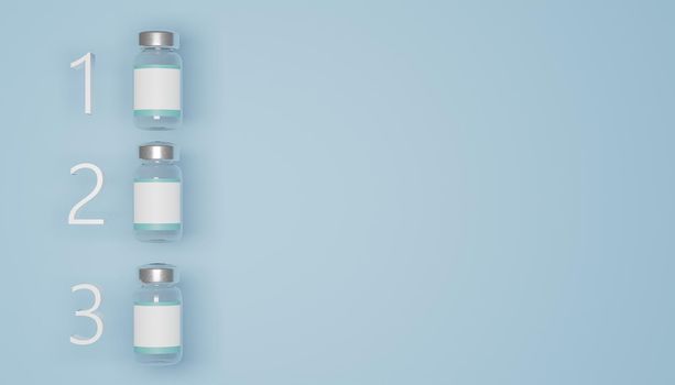 mockup of 3 vaccine bottles with white label listed for ranking on blue background. 3d render