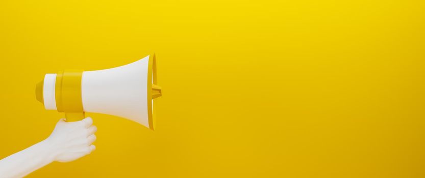 yellow and white megaphone held by a white hand on yellow background. 3d render. copyspace