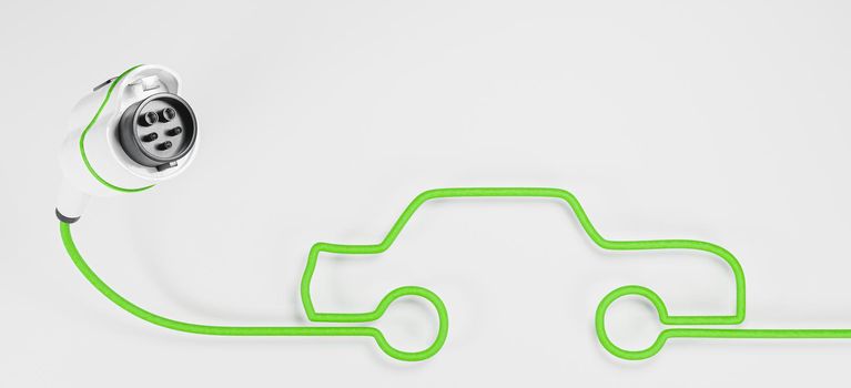 electric car plug banner on white background with cable making the shape of a car. 3d rendering