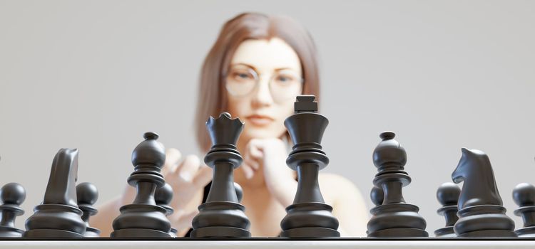 caucasian girl playing chess on blurred background with black pieces in focus. 3d rendering