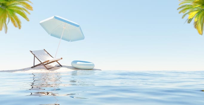 small island with hammock, umbrella and float. palm trees in the corners. vacation concept. 3d rendering