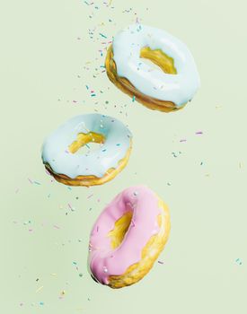 pastel colored chocolate donuts with confetti falling on them and a green background. 3d illustration