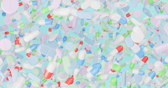 many pills with pastel colors falling on blue background. 3d rendering