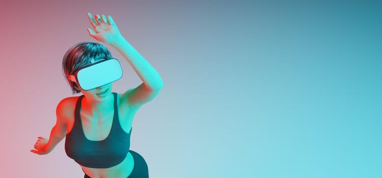 caucasian girl dancing and enjoying herself with a virtual reality goggles with cool red and blue lights. 3d render. model render. copyspace