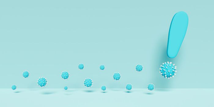 banner with exclamation mark with virus-shaped dot and many small viruses. 3d rendering