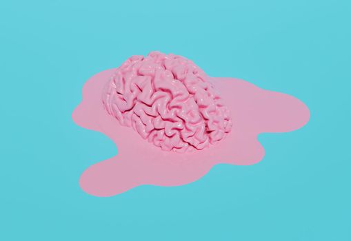 melted pink brain on pastel blue background. 3d rendering