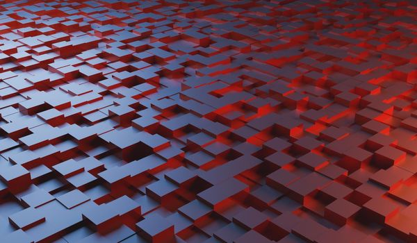 abstract background of metal cubes surface with blue and red light. 3d rendering